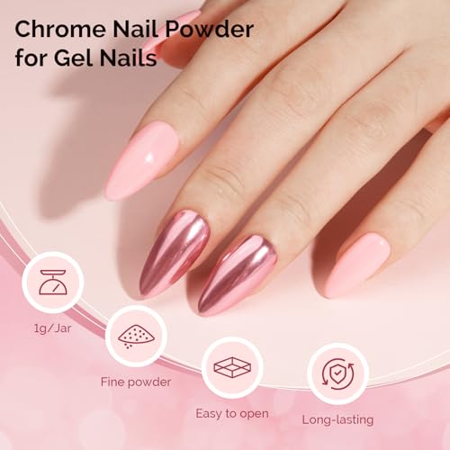 Image of MelodySusie Pink Chrome Nail Powder for Gel Nails,Metallic Mirror Effect Pigment Stylish Fine Glitter for Home DIY Salon Use