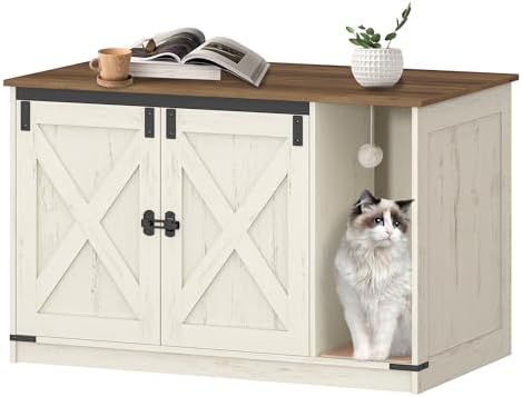 Hzuaneri Katzenschrank, 100 x 50 x 63 cm, Katzenklo Schrank, Braun-Weiß | Katzentoilette, Versteckte Katzentoilette Kabinett Möbel mit Katzenglocke, für Flur, Schlafzimmer, CB85214
