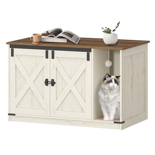 Hzuaneri Katzenschrank, Katzentoilette, Katzenklo Schrank, Versteckte Katzentoilette Kabinett Möbel mit Katzenglocke, 100 x 55 x 63 cm, für Flur, Schlafzimmer, Vintagebraun-Weiß CB85214X