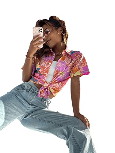 Sweatyrocks Women's Short Sleeve Cute Print Button Down Shirt Tops Pink Floral M #TOP4