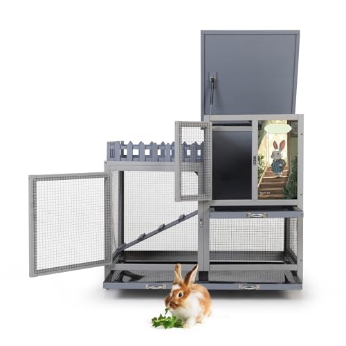 cozivvovv Wood Rabbit Hutch with Balcony - Small Animal House Bunny Cage on Wheels for Indoor Outdoor, Rabbit Cage Included Ramp, Pull Out Tray, (Grey with Pattern)