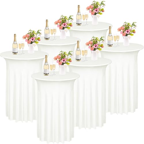 Kochorie 6 Pieces Cocktail Table Skirt Round Cocktail Table Covers 32 x 43 Inch Spandex Stretch High Top Table Cloth for Wedding Table Bar Banquet Party Supplies (Ivory)