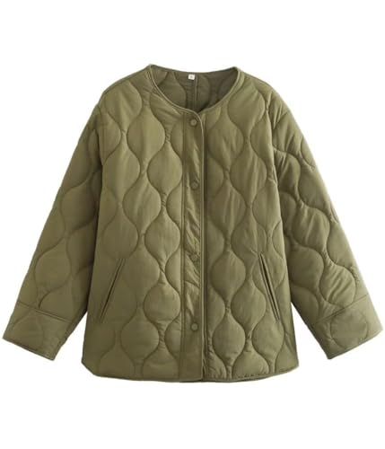 Women's Quilted Jacket Coat Crew Neck Button Down Lightweight Puffer Padded Winter Outwear with Pockets