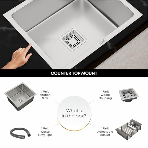 Image of LAPO Kitchen Sink Built in Stainless Steel | 21x18x9 Inch Single Bowl Design with Pre-Cut Tap Hole | UV Resistant Surface | Includes Drain Assembly, Pipe & Strainer | 20 Years Warranty (Silver Matt)