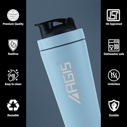 Image of AGIS Steel Shaker Stainless Steel 700ml Leakproof Shaker Bottle with Measurement Marking, Perfect for Fitness Enthusiast & Athletes, Ideal for Mixing Protein Shakes & Pre-Workout Formula (Blue)