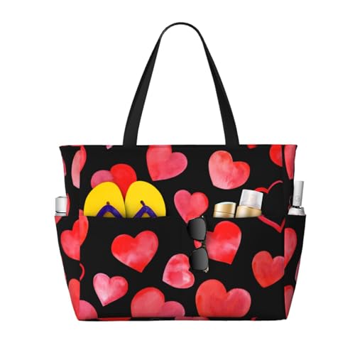 Sac à bandoulière aquarelle coeurs rouges grand sac de plage chic aux finitions soignées