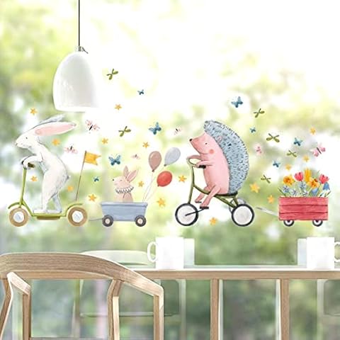 WandSticker4U® - Window stickers for children's room, rabbit and hedgehog, self-adhesive, window stickers, children's animals, flowers, butterflies, girls and boys, large (reusable) Cover