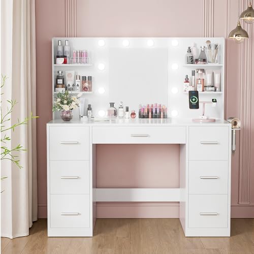 image for YESHOMY Vanity Desk with Mirror, Power Outlet and 10 Lights, Makeup Ta