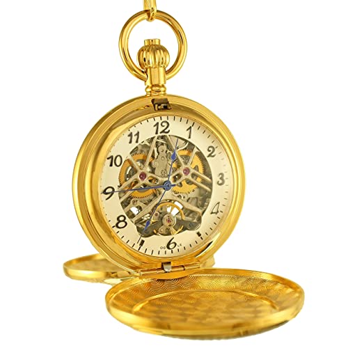 Image of OGLE Vintage Double Copper Cover Case Dual Movement Skeleton Chain Fob Self Winding Automatic Mechanical Pocket Watch