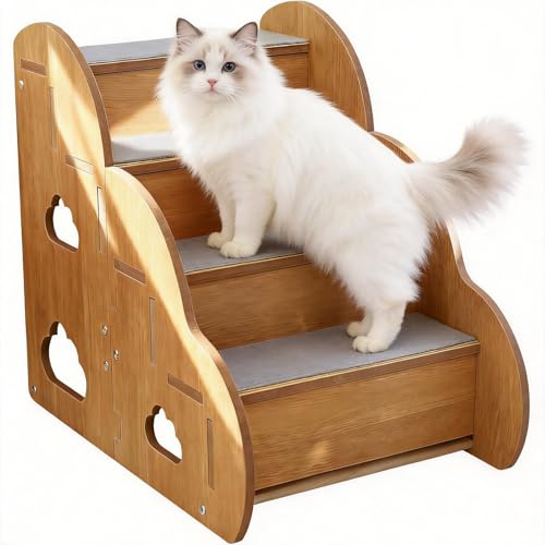 Small Dog Steps for Bed Wooden Cat Stairs for Old Cats Pet cat Steps for Couch Sofa Windows 4-Step Ladder 18 L x 12 W x 16 H Suitable for Height 16-19in
