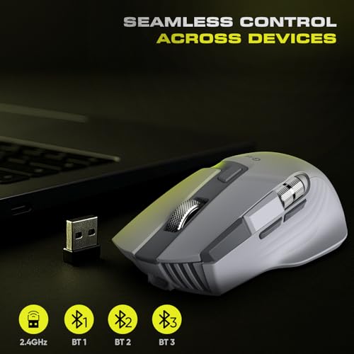 Image of Amkette XS Series Flow S Ergonomic Wireless Mouse /Bluetooth Mouse with Side Scroll, 2.4G + 3xBT, 7 Buttons, Multi-OS, 3200 DPI Adjustable, 1000Hz Polling, 800mAh Rechargeable