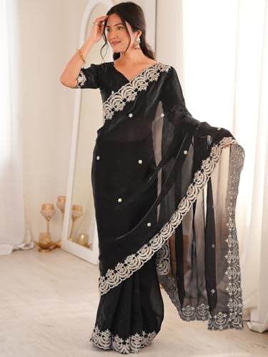 Image of SIRIL Women's Tissue Silk Sequence Embroidery Saree With Unstitched Blouse Piece