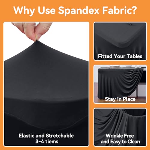 Image of 4 Pack Black Fitted Spandex Table Cloth Rectangle 8ft, Wrinkle Free High-Stretch Skirted Tablecloths for 8 Foot Rectangle Tables, Decor Parties Weddings Birthday Banquet Spandex Table Cloths Cover