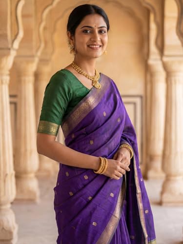 Image of AKHILAM Women's Pure Soft Spun Cotton Lichi Silk Saree For Women With Attach Unstitch Blouse Piece