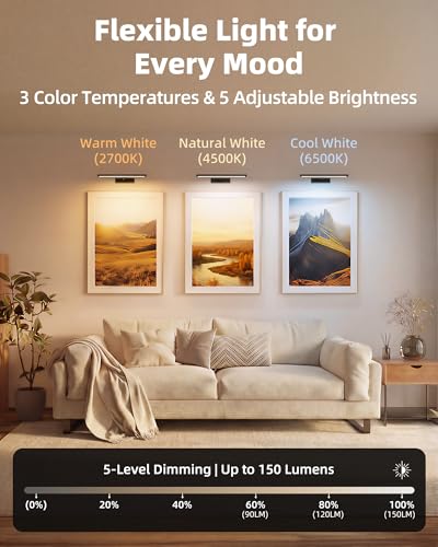 Image of EZVALO Picture Light for Wall, 13'' Black Rechargeable 4800mAh Black Lights Wireless Remote, Dimmable Magnetic LED Art Painting Light with 3 Color Temperatures, Display for Gallery, Living Room(2P)