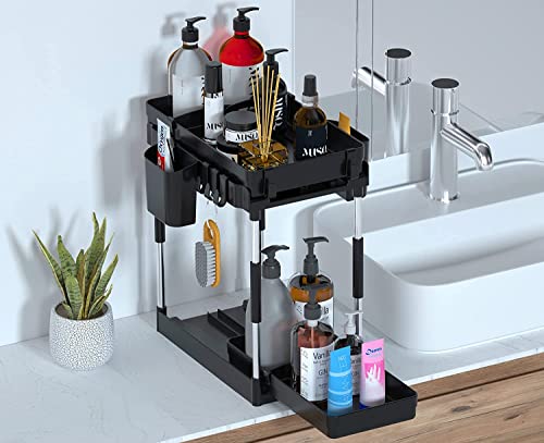 Double Sliding Under Sink Organizers And Storage - 2 Tier Pull Out Under Kitchen Cabinet Organizer W 4 Hanging Cup,8 Hooks,4 Dividers, Under Counter Sink Organization For Bathroom, Adjustable H And W #TOP3