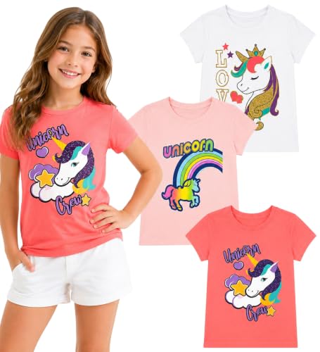 Image of MISS POPULAR Girls 3-Pack Super Soft Short Sleeve T-Shirts Unicorn Butterfly Glitter Print Cute Design| Sizes 7-16