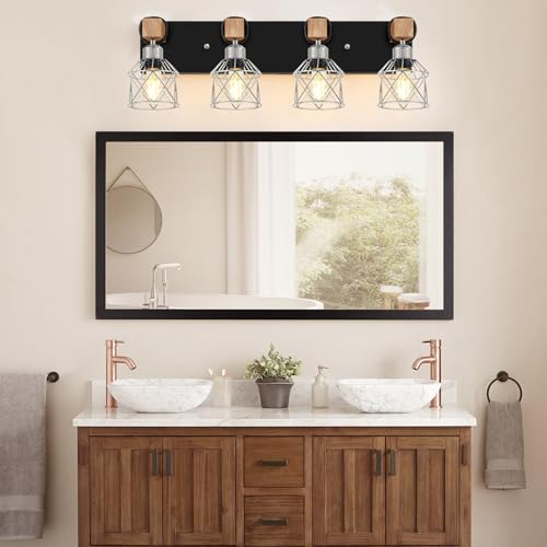 Image of FadimiKoo Farmhouse Vanity Light for Bathroom, 4-Light Rustic Wood Black Bathroom Light Fixtures with Elegant Silver Metal Cage, Vintage Vanity Lights Over Mirror for Living Room Bedroom Hallway