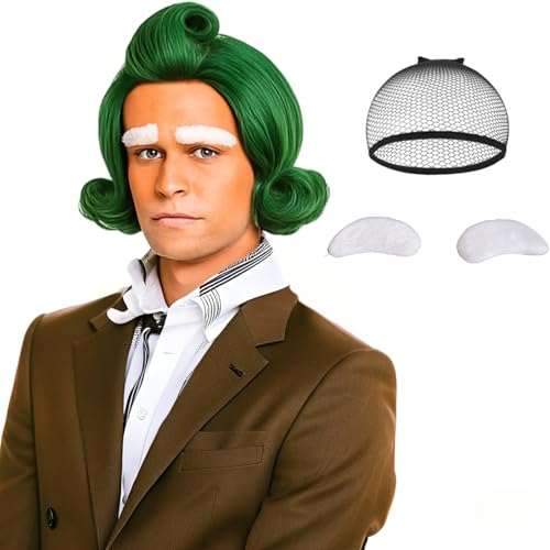 Wiggy Mermaid Short Green Wavy Wig + White Eyebrows Chocolate Worker Elf Wigs for Men + Cap for Halloween Costume Cosplay