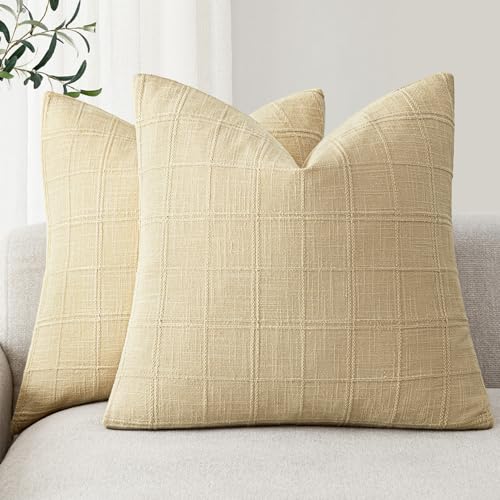 Image of Foindtower Set of 2 Decorative Linen Check Throw Pillow Covers Neutral Farmhouse Vintage Cushion Covers Modern Boho Accent Home Decor for Sofa Chair Couch Bedroom Living Room,20x20 Inch,Light Yellow