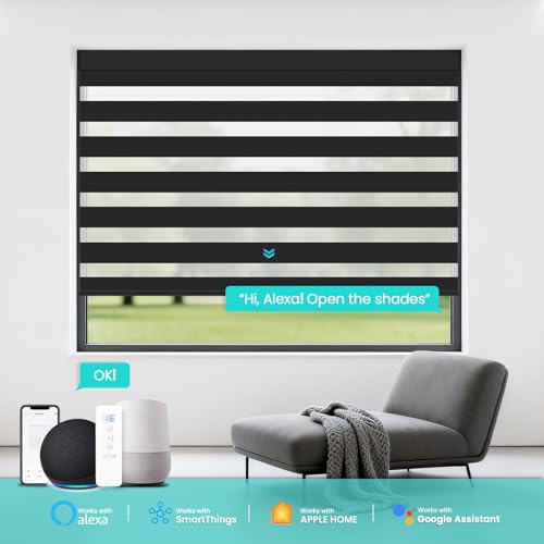 Image of Motorized Blinds with Remote Control 95% Blackout Electric Zebra Blinds for Windows Compatible with Alexa Google for Home Office Black, Custom Sizes