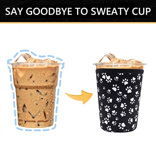 Image of YR Reusable Neoprene Insulator Sleeve for Iced Coffee Cups, 3 Pack Coffee Coolies sleeves for Iced & Hot Drinks, Cold Beverage Cooler Compatible with Starbucks Coffee and More (Paw)