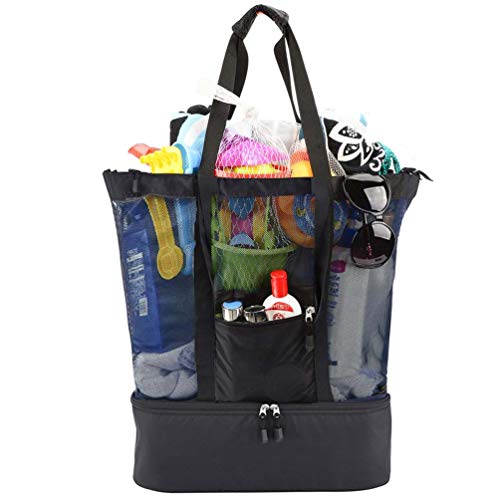 SeBeLi Mesh Strand Tascheu00a0u0096u00a02u00a0in 1u00a0isolierter Picknick Kühler Reißverschluss Schultertasche für Strand Reise, Schwarz, schwarz