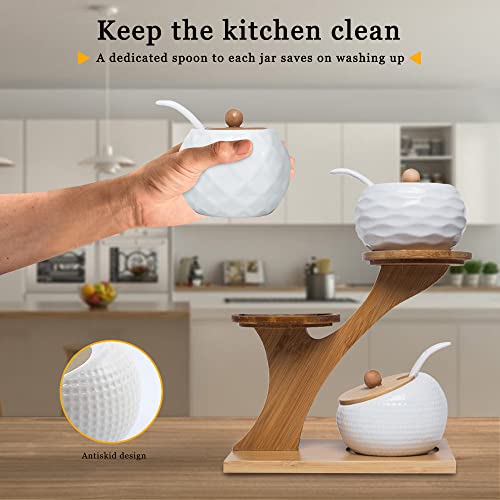 Porcelain Condiment Jar Set, Spice Jars With Bamboo Lids And Spoon, Wooden Tray, 170 Ml (5.8 Oz), Used To Store Tea, Spices, Coffee, Set Of 3（White) #TOP6