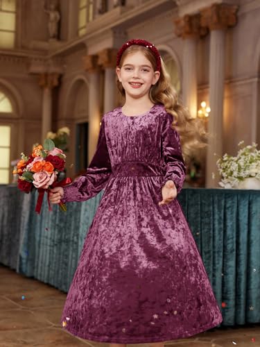 GRACE KARIN Girls Long Sleeve Velvet Dress Midi Fall Vintage Party Holiday Dresses for Kids 5-12Y3