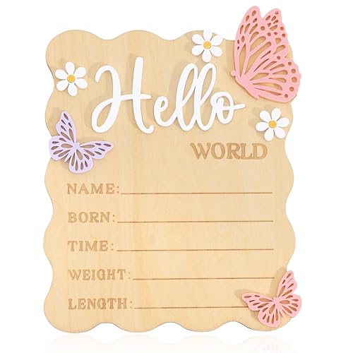 Image of Butterfly Daisy Hello World Board - Little Butterfly Birth Announcement Sign,Wooden Hello World Card for Hospitals,Newborn Birth Information Record Board,Daisy Nursery Decorations Photo Props