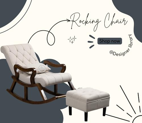 Image of Solid Sheesham Wood Rocking Chair for Living Room with Footrest and Pillow | Ergonomic Resting Chair with Ottoman for Relaxing and Pregnant Women (White)