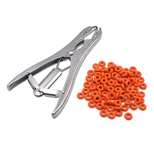 Pince à Castration ,Pince Castration éLastique Acier Inoxydable,pour Bovins Porcins Mouton ,Avec 100 Anneaux Caoutchouc Cover