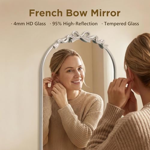 Image of Besdomus Arched Mirror Full Length: 21 inchx56 inch Vintage Bow Silver Floor Mirror | French Antique Baroque Traditional Ornate Standing for Entryway /Cloakroom /Bedroom - Ideal for Fashion-Conscious Ages 18-45
