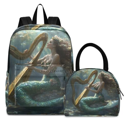 Music Mermaid Print Backpack Set with Lunch Bag, Large Capacity Travel Backpacks and Lunch Box Insulated for Commute Hiking Picnic