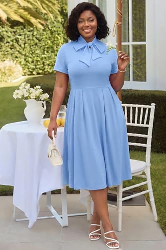 Image of FANDEE Midi Dress for Women Casual Short Sleeve A-line Semi Formal Fit and Flare Dress Classy Tie Neck Work Business Dresses