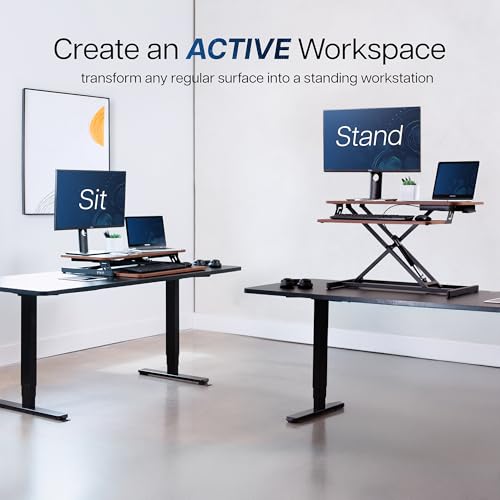 Image of VIVO Dark Walnut 32 inch Standing Desk Riser, DESK-V000SD | Height Adjustable, Stand Up Desk Converter, Quick Sit to Stand, Tabletop Dual Monitor Riser Workstation, Minimal Assembly