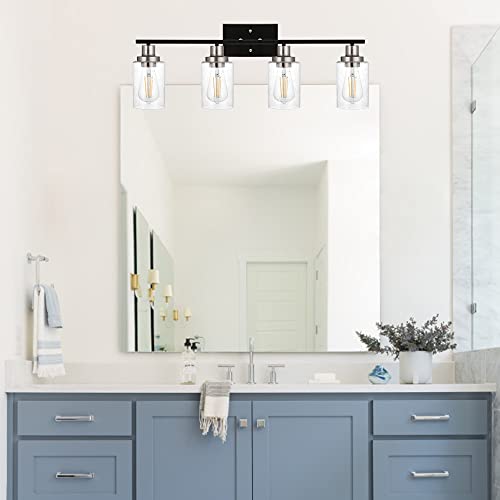 Melucee Farmhouse Bathroom Light Fixtures 4-Light With Brushed Nickel Finish Socket, Black Vanity Lighting Wall Mount Lamp With Seeded Glass Shade, Suit For Powder Room Bedroom Kitchen #TOP3