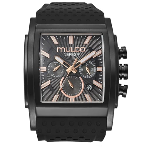 MULCO Watches Kripton Square 46 mm Stainless-Steel Case Black with Wrist Silicone Band Quartz Multifunctional Day and Date Movement Large Face Analog Display - Rose Gold Accents 100m- Waterproof