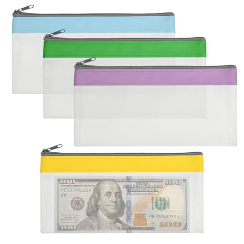 4 Pack Multi-Purpose Money Pouch, Cash Envelopes with Zipper, Money Bags Clear Bank Deposit Coin Bag for Coin, Deposit, Checks, Receipts, Passport (Color B)
