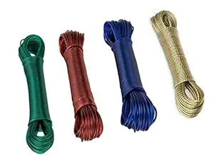 Nimbose PVC Coated Steel Wire Rope for Drying Clothes/Clothesline, Length 10 Meter with 2 Plastic Hooks (Multi Colour, Pack of 4)