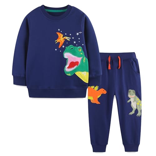 Tokeya Chándal Niño Algodón Conjuntos Deportivos Patrón Dinosaurio Mangas Largas Casual Sudadera Camiseta Pulóver y Pantalones Chandal Deporte de Otoño Invierno para Ropa Niños 2-3 Años, Azul Marino