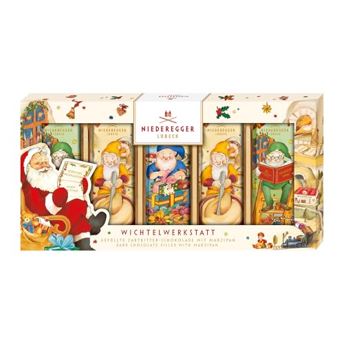 Niederegger Classic Marzipan Mini Loaves "Elves' Workshop" | Covered with Crisp & Dark Chocolate | 5 flat loaves per box | Nostalgic packaging | Ideal for Gifting | 175g (6.1 oz)