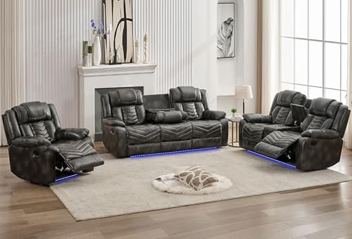 Manual Recliner Sofa Set 3 Piece with Wireless Charger for
