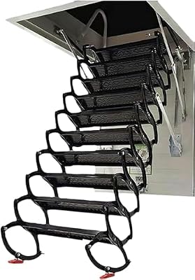 Concertina Loft Ladder Alloy Attic Access Ladder Alloy Steel Attic Stairs Pull Down Attic Ladder with Handrail Remote Folding Telescopic Ladder,70x90cm/27.5x35in