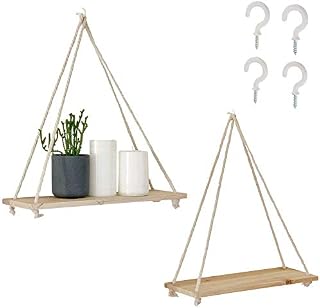 Hanging Shelves for Wall (Set of 2 with Hooks), Wooden Rope Shelves Macrame, Modern Shelving Storage, Floating Rustic Reclaimed Wood Swing Display Shelf for Indoor, Modern Natural Boho Room Home Décor