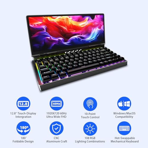 Image of 12.8 inch Portable Touchscreen Keyboard Monitor, Foldable Stretched Bar Laptop Screen Extender with Mechanical Keyboard USB-A USB-C Monitor for Windows MacOS (Driver Need)