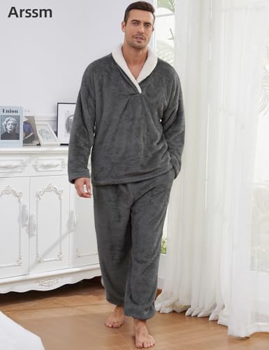 Arssm Mens Fluffy Pajamas Set 2 Piece Fleece Pjs Loose Plush Winter Warm Cozy Loungewear Sleepwear3