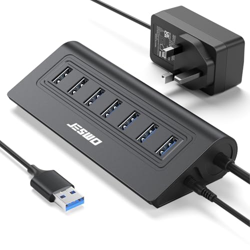 JESWO USB Hub Powered 7-Port USB 3.0 Data Hub Aluminium USB Splitter with Multi USB 3.0 5Gbps 20W Power Adapter and 3.4ft Cable for PC Laptop iMac Keyword Flash Drive etc.
