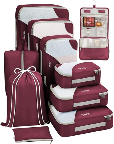ALL INCLUDED 10 Set Sturdy Packing Cubes for Suitcases,OlarHike Travel Essentials,UPGRADED Anti-Tear Stitching, NEW Improved Luggage Packing Organizers for Travel Accessories(Burgundy)