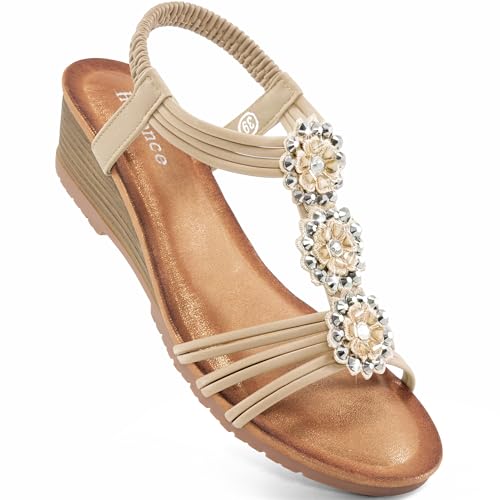 HARENCE Wedge Sandals for Women Dressy: Comfortable Elastic Ankle Strap Low Heel Open Toe Flower Summer Shoes